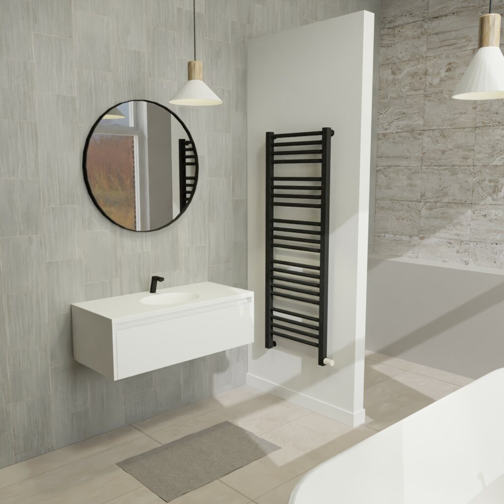 Maatwerk design badkamermeubel, gemaakt van Wit melamine of gespoten mdf met een blad van solid surface en 1 waskom van Solid Surface. Het front te openen d.m.v. Greeplijst boven
