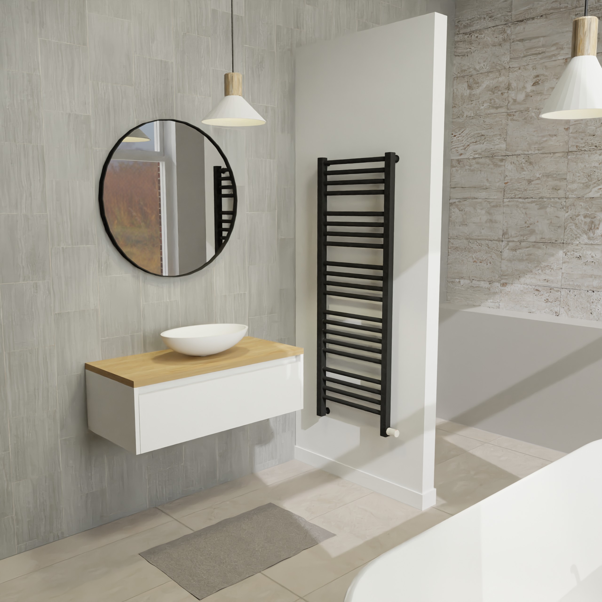 Maatwerk design wastafel onderkast, gemaakt van Wit melamine of gespoten mdf met een blad van eiken en 1 waskom van Solid Surface. Het front te openen d.m.v. Greeplijst boven