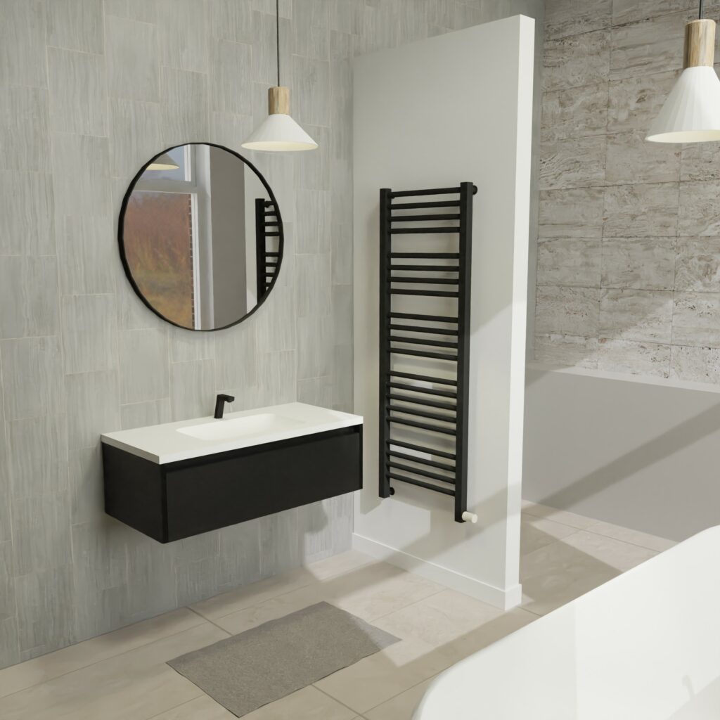 Maatwerk design badkamermeubel, gemaakt van Zwart melamine of gespoten mdf met een blad van solid surface en 1 waskom van Solid Surface. Het front te openen d.m.v. Greeplijst boven