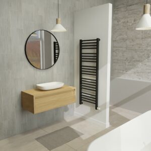 Maatwerk design badkamermeubel, gemaakt van eiken hout fineer of eiken hout massief met een blad van eiken en 1 waskom van Solid Surface. Het front te openen d.m.v. Greeplijst boven