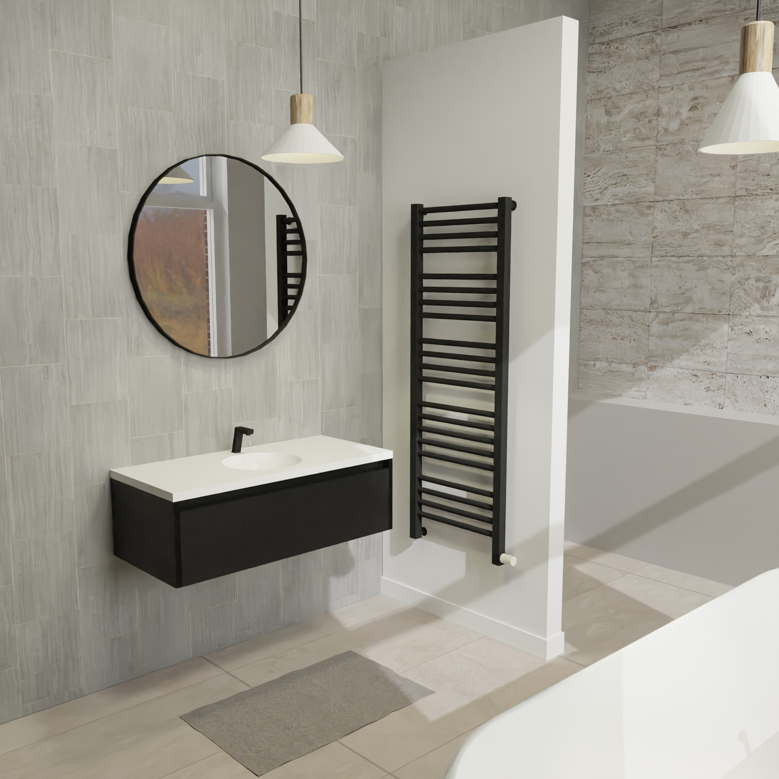 Maatwerk design wastafel onderkast, gemaakt van Zwart melamine of gespoten mdf met een blad van solid surface en 1 waskom van Solid Surface. Het front te openen d.m.v. Greeplijst boven