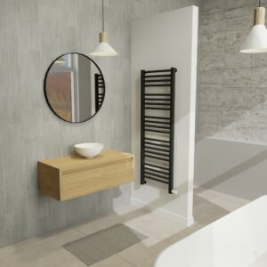 Maatwerk design wastafelkast, gemaakt van eiken hout fineer of eiken hout massief met een blad van eiken en 1 waskom van Solid Surface. Het front te openen d.m.v. Greeplijst boven