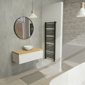 Maatwerk design badkamermeubel, gemaakt van Wit melamine of gespoten mdf met een blad van eiken en 1 waskom van Solid Surface. Het front te openen d.m.v. Greeplijst boven