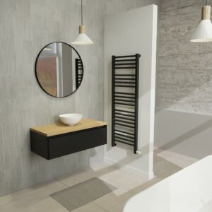 Maatwerk design badmeubel, gemaakt van Zwart melamine of gespoten mdf met een blad van eiken en 1 waskom van Solid Surface. Het front te openen d.m.v. Greeplijst boven