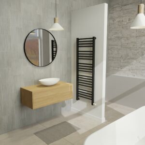 Maatwerk design wastafelmeubel, gemaakt van eiken hout fineer of eiken hout massief met een blad van eiken en 1 waskom van Solid Surface. Het front te openen d.m.v. Push to Open