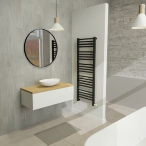 Maatwerk design badmeubel, gemaakt van Wit melamine of gespoten mdf met een blad van eiken en 1 waskom van Solid Surface. Het front te openen d.m.v. Push to Open