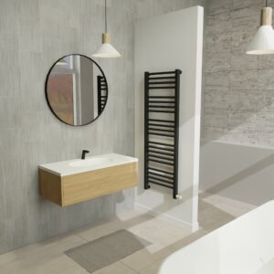 Maatwerk design badkamermeubel, gemaakt van eiken hout fineer of eiken hout massief met een blad van solid surface en 1 waskom van Solid Surface. Het front te openen d.m.v. Push to Open