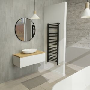 Maatwerk design badkamermeubel, gemaakt van Wit melamine of gespoten mdf met een blad van eiken en 1 waskom van Solid Surface. Het front te openen d.m.v. Push to Open