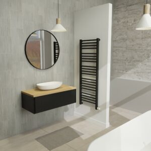 Maatwerk design badmeubel, gemaakt van Zwart melamine of gespoten mdf met een blad van eiken en 1 waskom van Solid Surface. Het front te openen d.m.v. Push to Open