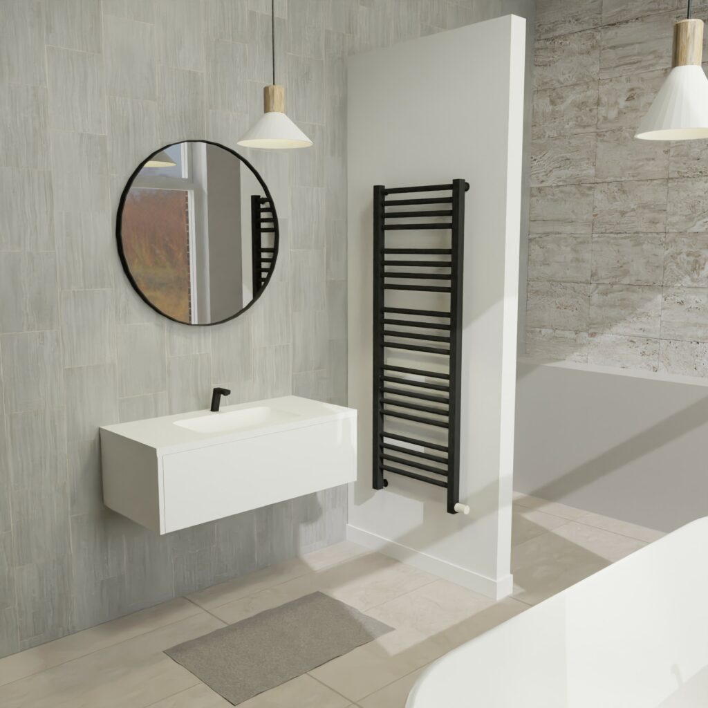Maatwerk design badkamermeubel, gemaakt van Wit melamine of gespoten mdf met een blad van solid surface en 1 waskom van Solid Surface. Het front te openen d.m.v. Push to Open