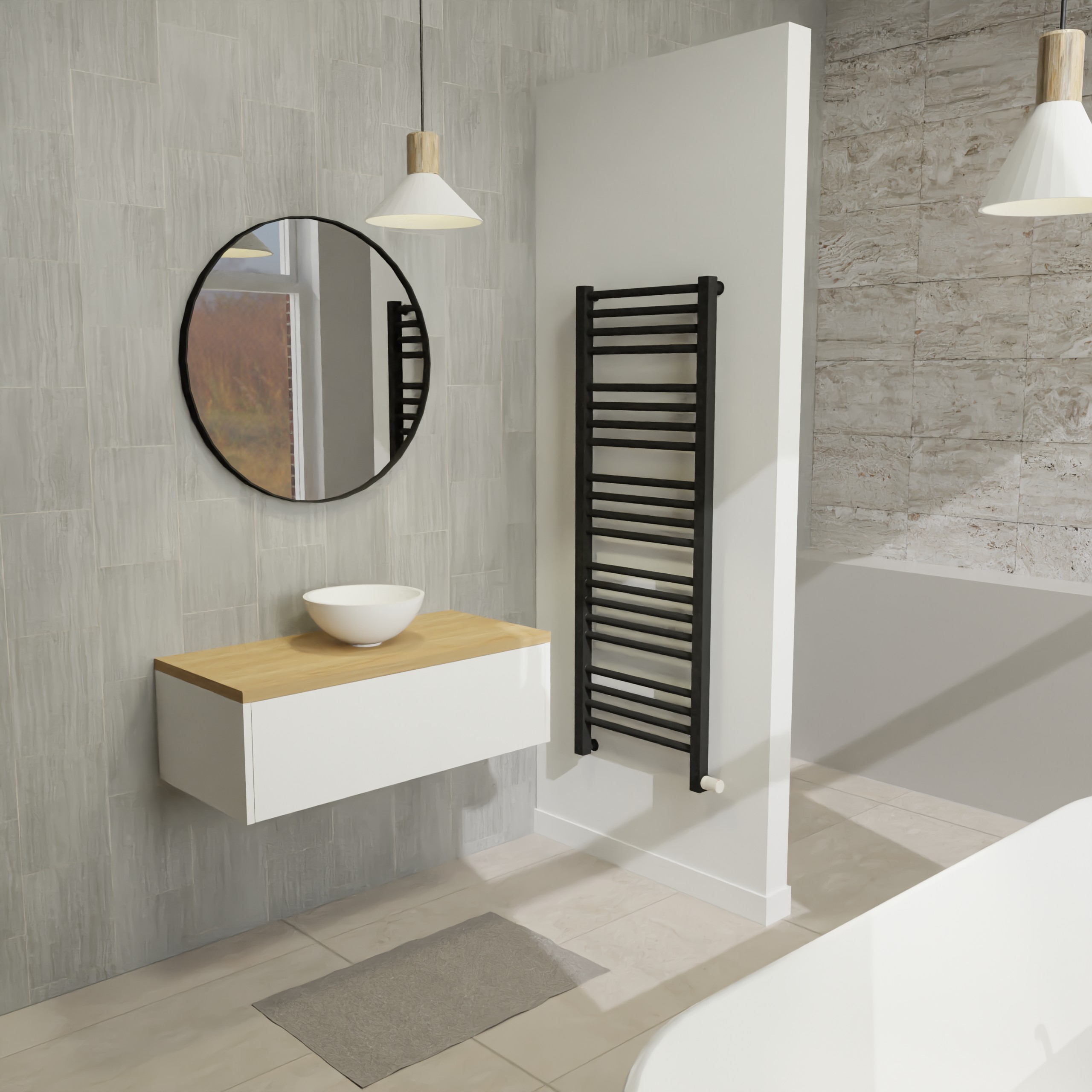 Maatwerk design wastafelkast, gemaakt van Wit melamine of gespoten mdf met een blad van eiken en 1 waskom van Solid Surface. Het front te openen d.m.v. Push to Open