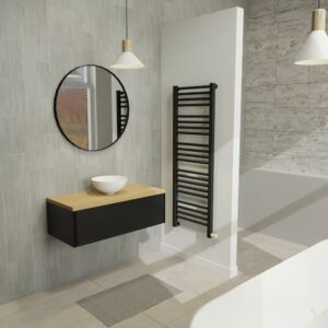 Maatwerk design badmeubel, gemaakt van Zwart melamine of gespoten mdf met een blad van eiken en 1 waskom van Solid Surface. Het front te openen d.m.v. Push to Open