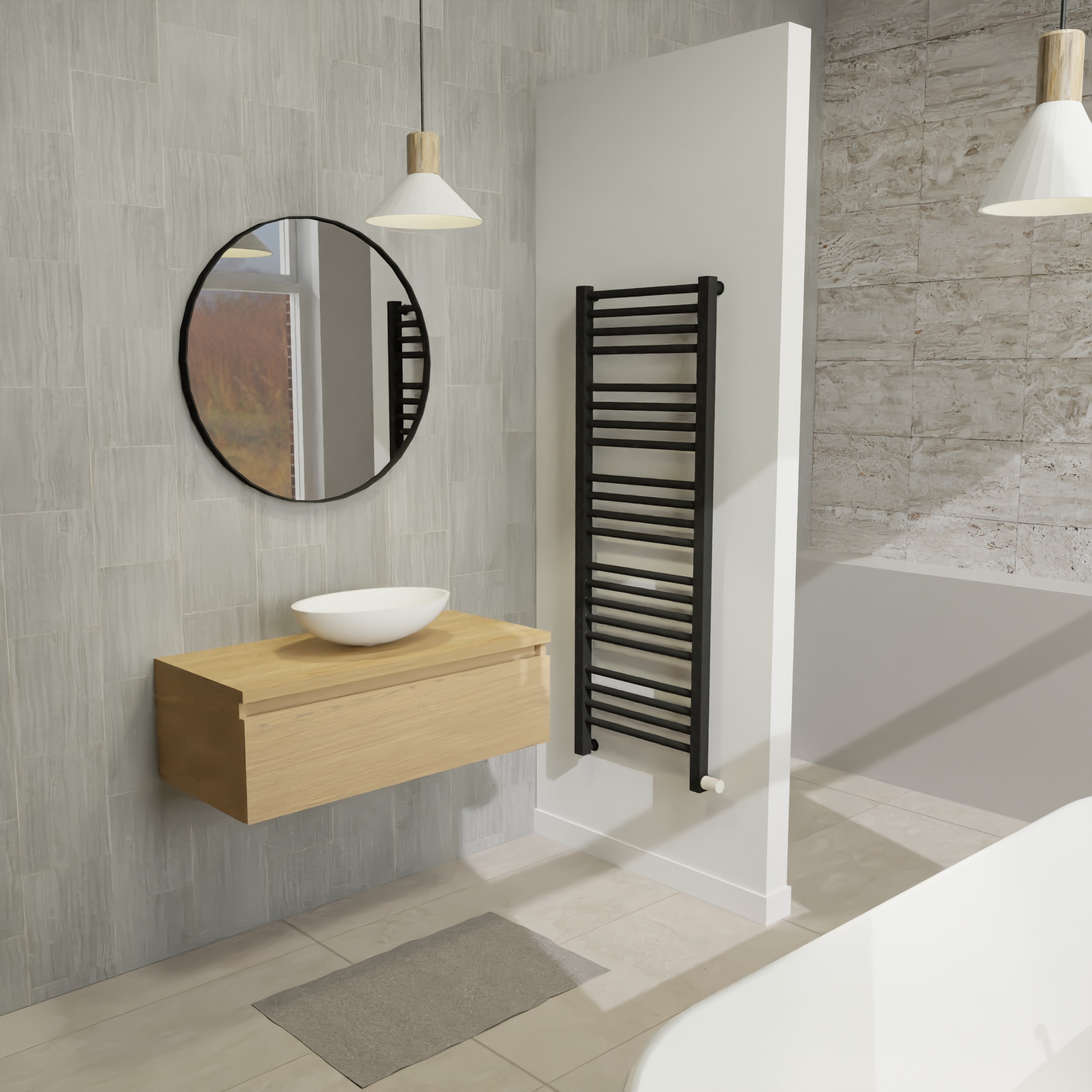 Maatwerk design wastafelkast, gemaakt van eiken hout fineer of eiken hout massief met een blad van eiken en 1 waskom van Solid Surface. Het front te openen d.m.v. Greeplijst boven