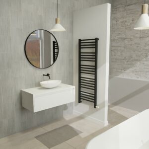 Maatwerk design badmeubel, gemaakt van Wit melamine of gespoten mdf met een blad van solid surface en 1 waskom van Solid Surface. Het front te openen d.m.v. Greeplijst boven