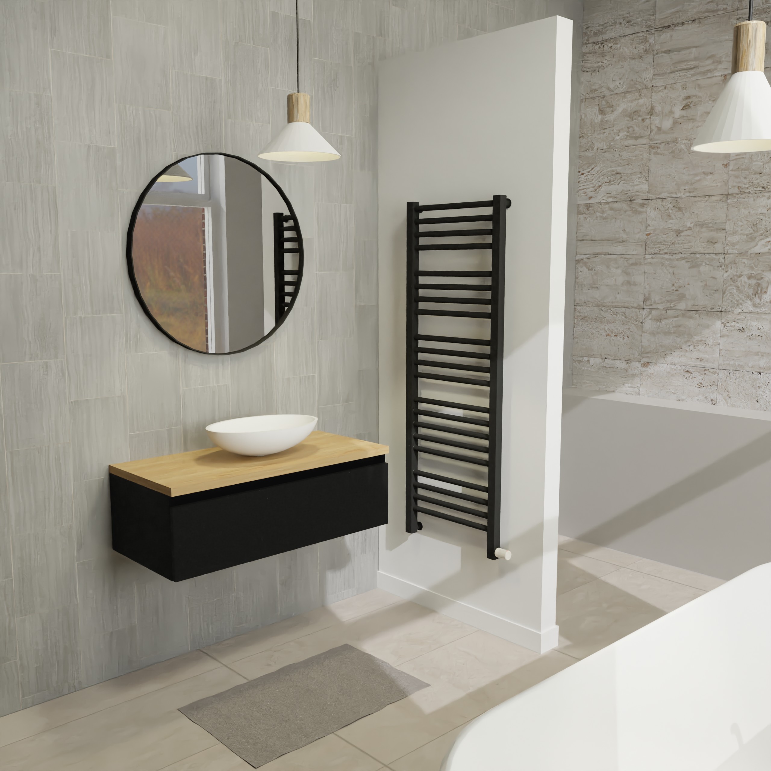 Maatwerk design badmeubel, gemaakt van Zwart melamine of gespoten mdf met een blad van eiken en 1 waskom van Solid Surface. Het front te openen d.m.v. Greeplijst boven