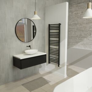 Maatwerk design wastafelmeubel, gemaakt van Zwart melamine of gespoten mdf met een blad van solid surface en 1 waskom van Solid Surface. Het front te openen d.m.v. Greeplijst boven