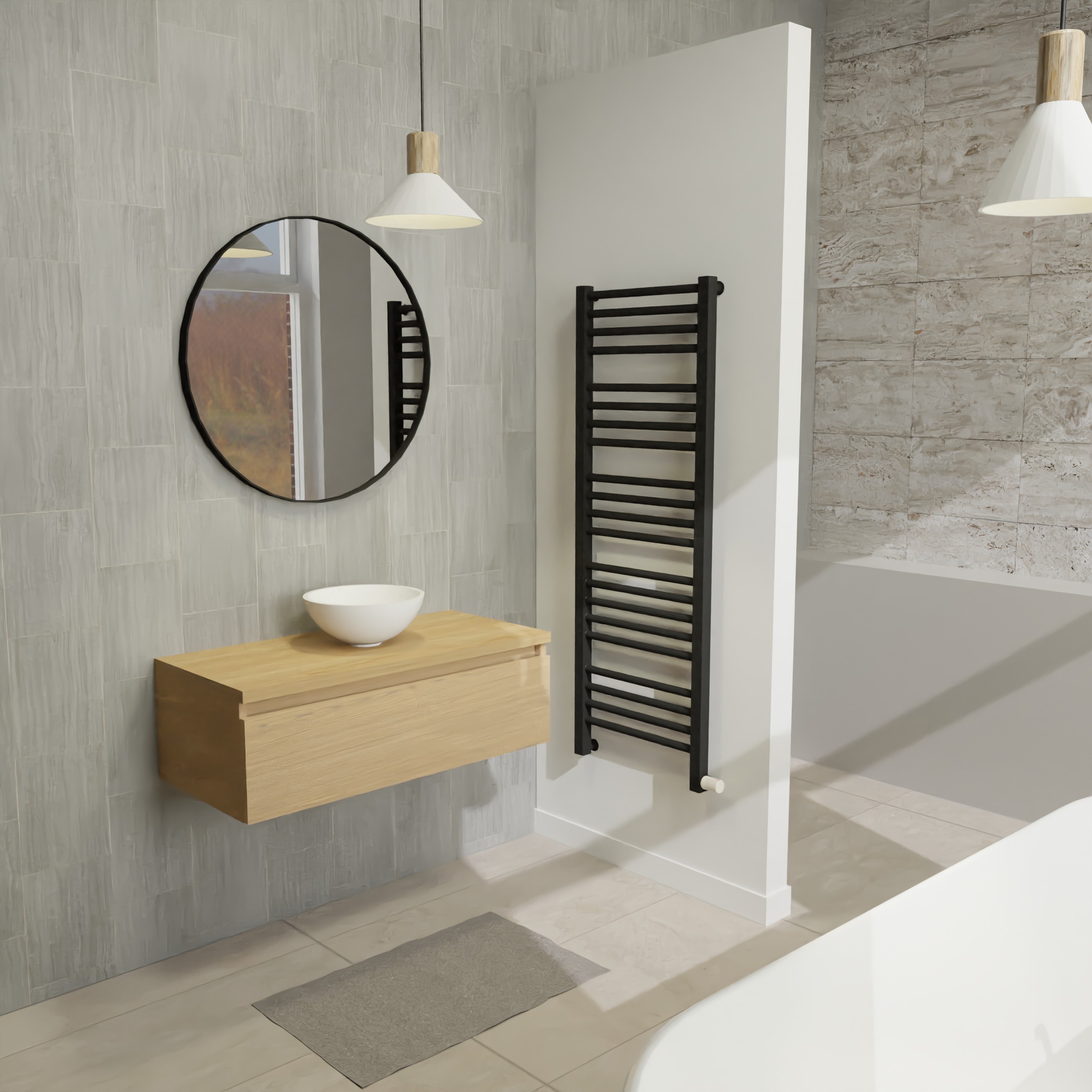 Maatwerk design badmeubel, gemaakt van eiken hout fineer of eiken hout massief met een blad van eiken en 1 waskom van Solid Surface. Het front te openen d.m.v. Greeplijst boven