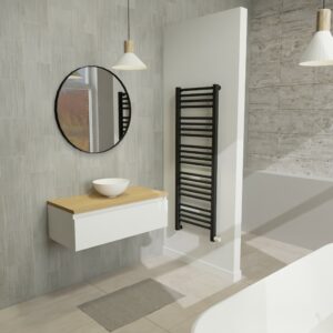 Maatwerk design wastafelkast, gemaakt van Wit melamine of gespoten mdf met een blad van eiken en 1 waskom van Solid Surface. Het front te openen d.m.v. Greeplijst boven