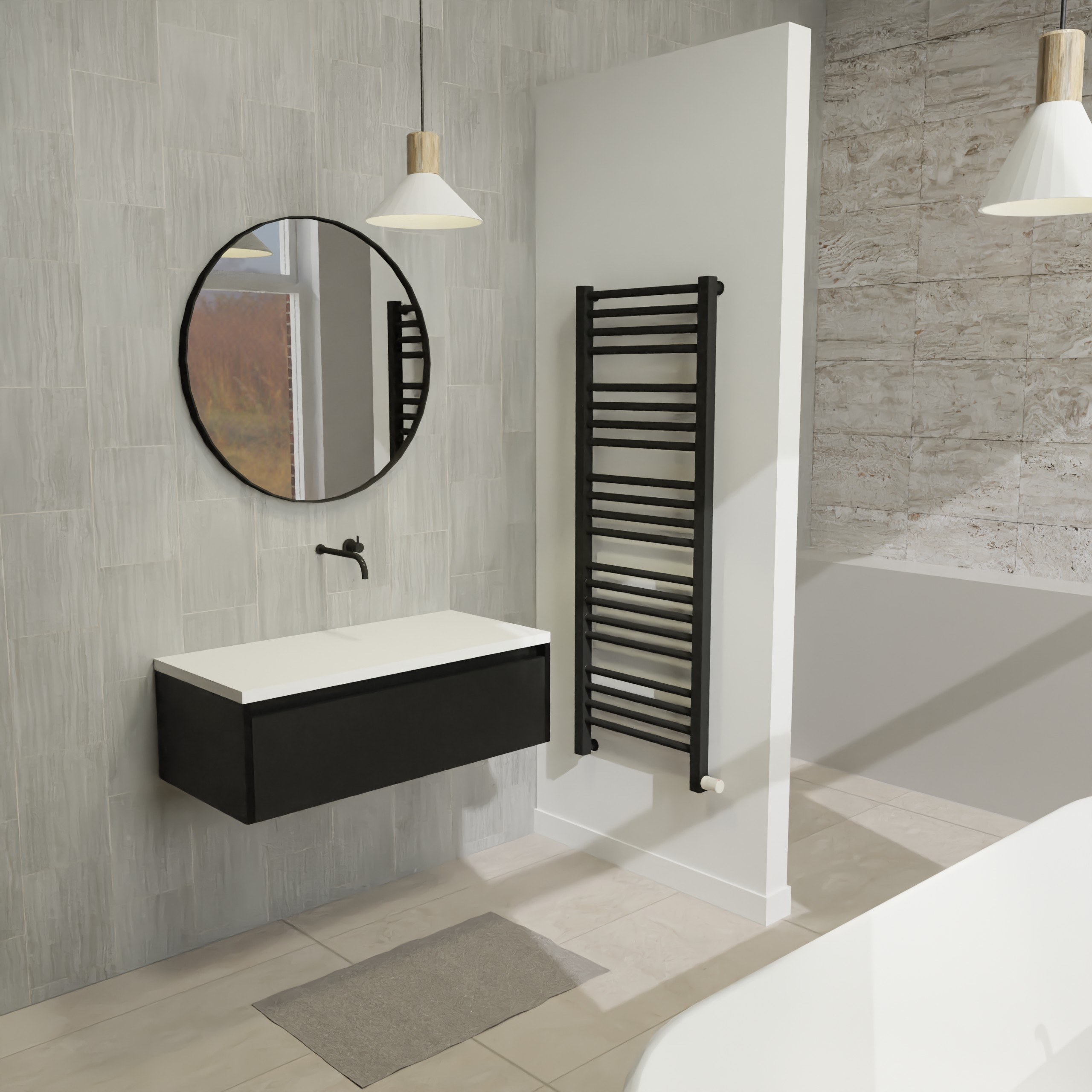 Maatwerk design badmeubel, gemaakt van Zwart melamine of gespoten mdf met een blad van solid surface. Het front te openen d.m.v. Greeplijst boven