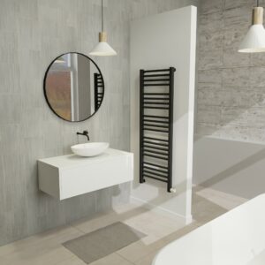 Maatwerk design wastafelmeubel, gemaakt van Wit melamine of gespoten mdf met een blad van solid surface en 1 waskom van Solid Surface. Het front te openen d.m.v. Push to Open