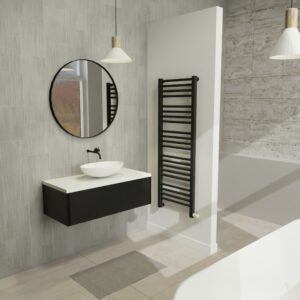 Maatwerk design wastafelmeubel, gemaakt van Zwart melamine of gespoten mdf met een blad van solid surface en 1 waskom van Solid Surface. Het front te openen d.m.v. Push to Open