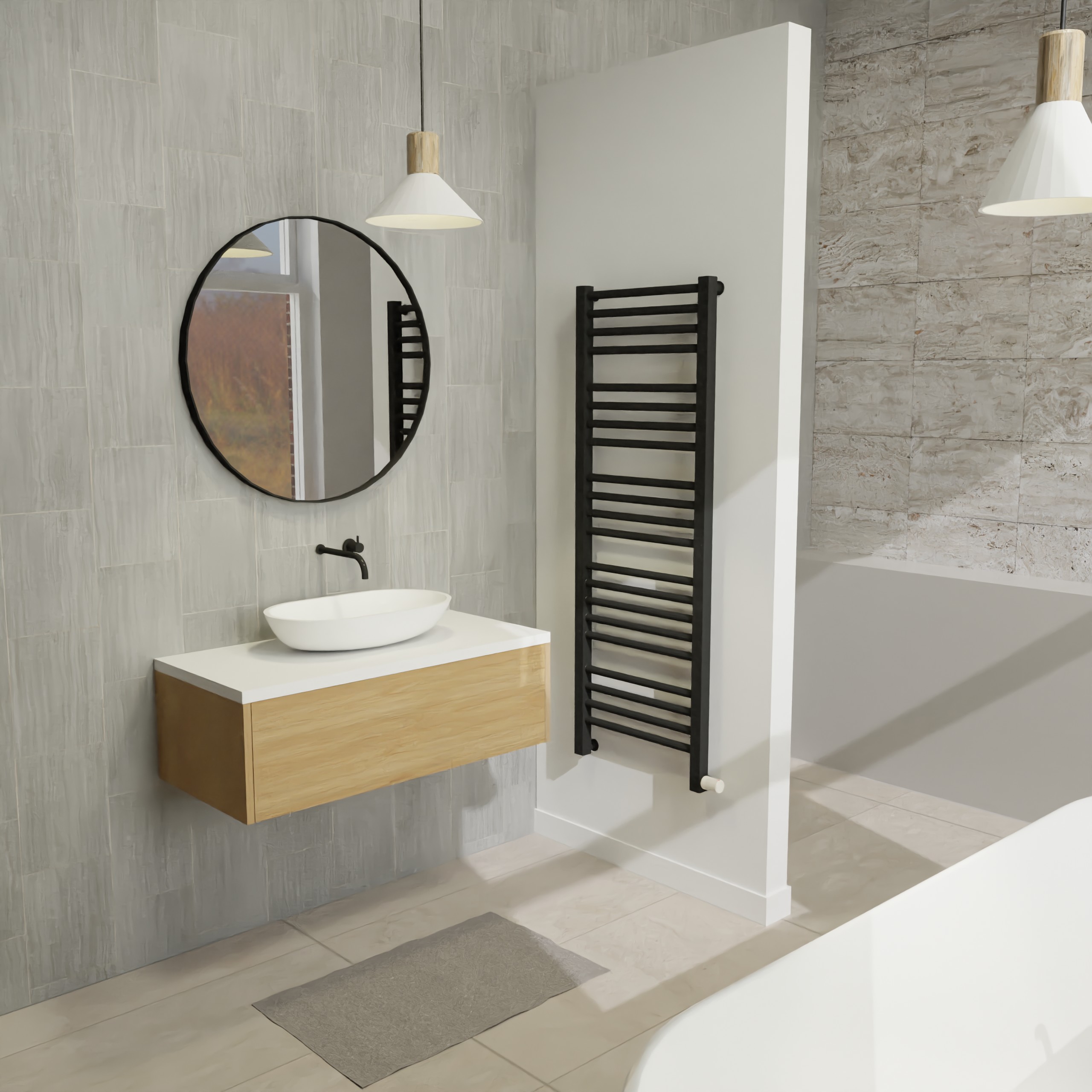 Maatwerk design wastafelkast, gemaakt van eiken hout fineer of eiken hout massief met een blad van solid surface en 1 waskom van Solid Surface. Het front te openen d.m.v. Push to Open