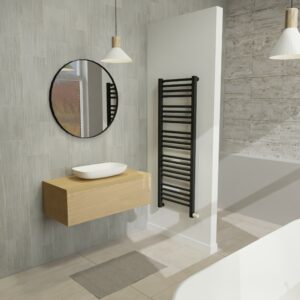 Maatwerk design wastafelmeubel, gemaakt van eiken hout fineer of eiken hout massief met een blad van eiken en 1 waskom van Solid Surface. Het front te openen d.m.v. Push to Open