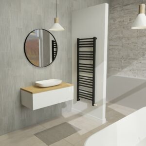 Maatwerk design badkamermeubel, gemaakt van Wit melamine of gespoten mdf met een blad van eiken en 1 waskom van Solid Surface. Het front te openen d.m.v. Push to Open