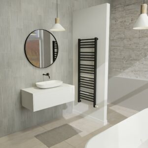 Maatwerk design wastafel onderkast, gemaakt van Wit melamine of gespoten mdf met een blad van solid surface en 1 waskom van Solid Surface. Het front te openen d.m.v. Push to Open