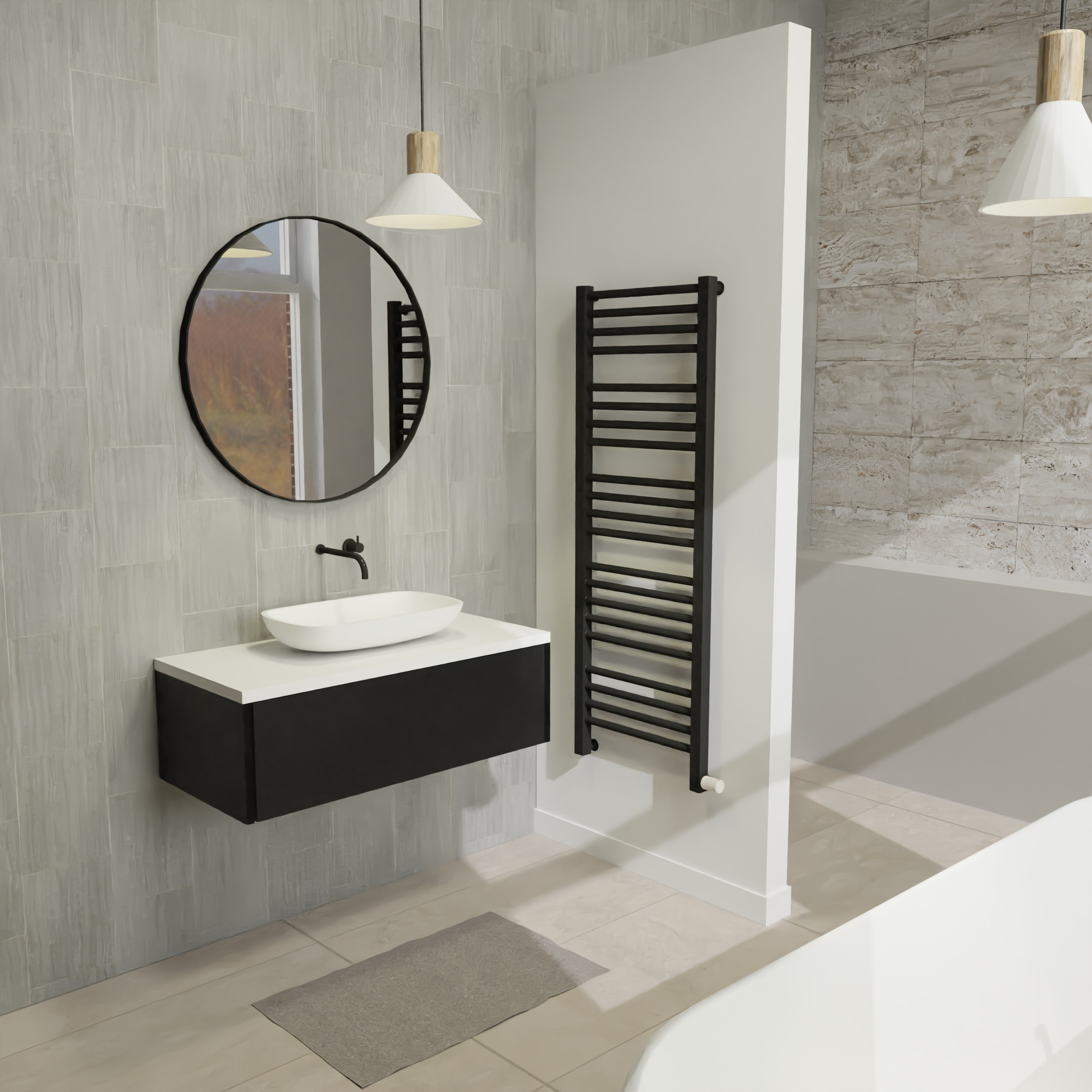 Maatwerk design wastafelkast, gemaakt van Zwart melamine of gespoten mdf met een blad van solid surface en 1 waskom van Solid Surface. Het front te openen d.m.v. Push to Open