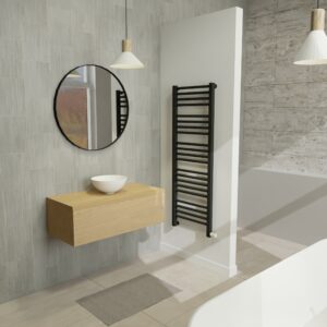 Maatwerk design wastafelkast, gemaakt van eiken hout fineer of eiken hout massief met een blad van eiken en 1 waskom van Solid Surface. Het front te openen d.m.v. Push to Open