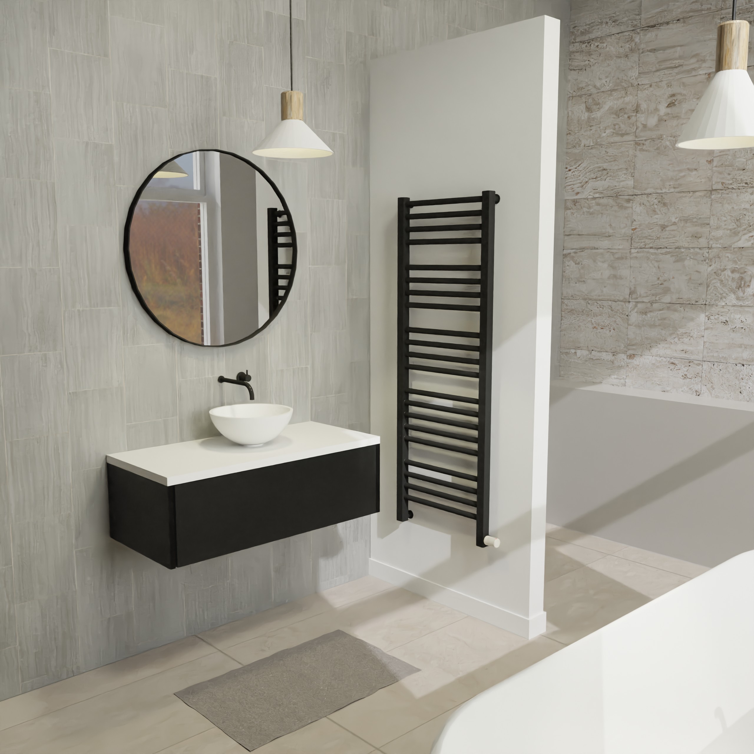 Maatwerk design badmeubel, gemaakt van Zwart melamine of gespoten mdf met een blad van solid surface en 1 waskom van Solid Surface. Het front te openen d.m.v. Push to Open