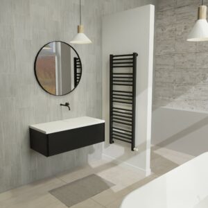 Maatwerk design wastafel onderkast, gemaakt van Zwart melamine of gespoten mdf met een blad van solid surface. Het front te openen d.m.v. Push to Open