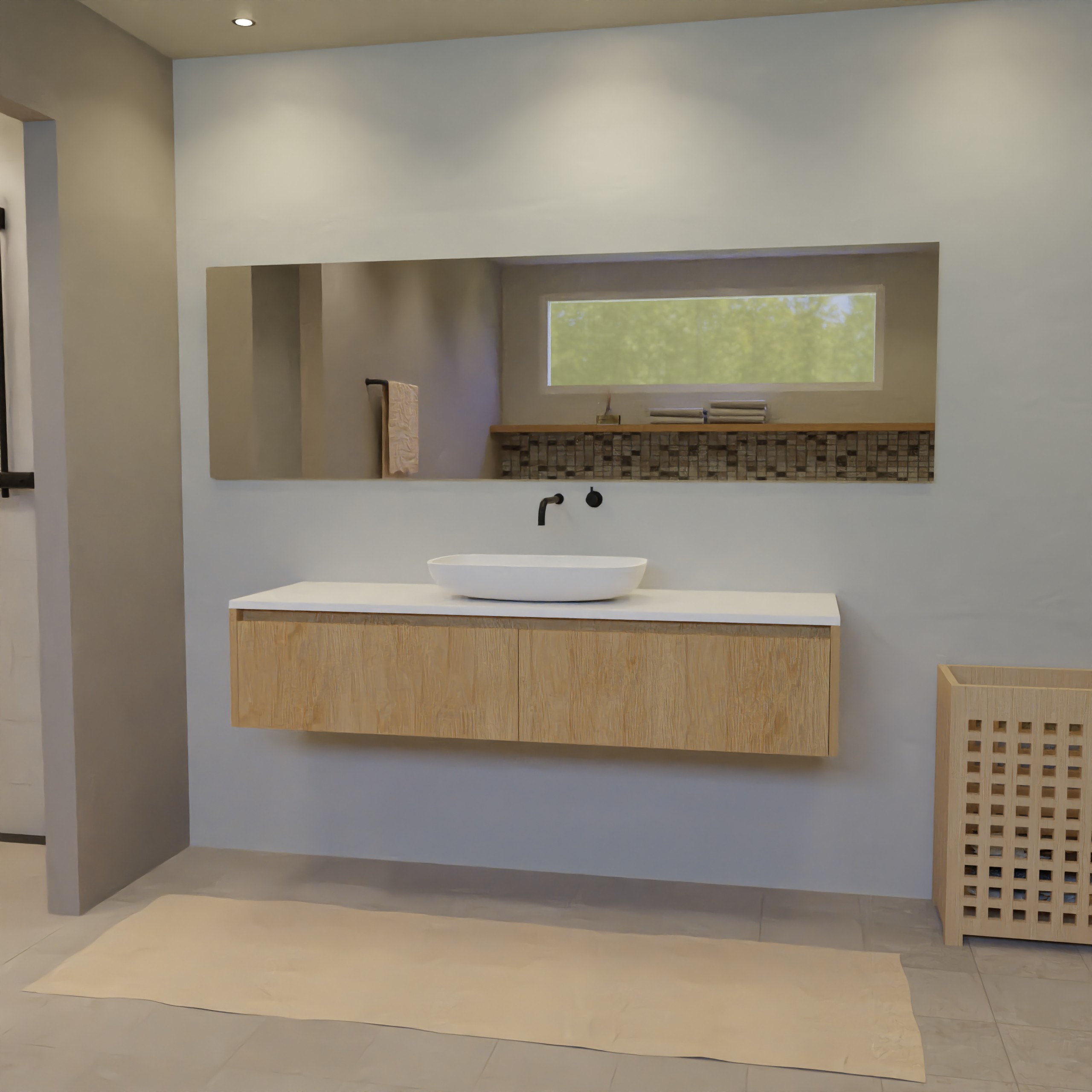 Maatwerk design badkamermeubel, gemaakt van eiken hout fineer of eiken hout massief met een blad van solid surface en 1 waskom van Solid Surface. Het front te openen d.m.v. Greeplijst boven