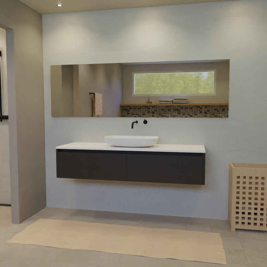 Maatwerk design wastafelkast, gemaakt van Zwart melamine of gespoten mdf met een blad van solid surface en 1 waskom van Solid Surface. Het front te openen d.m.v. Greeplijst boven