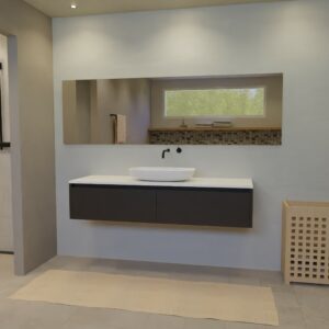 Maatwerk design wastafelkast, gemaakt van Zwart melamine of gespoten mdf met een blad van solid surface en 1 waskom van Solid Surface. Het front te openen d.m.v. Greeplijst boven