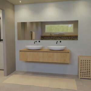 Maatwerk design badkamermeubel, gemaakt van eiken hout fineer of eiken hout massief met een blad van eiken en 2 waskommen van Solid Surface. Het front te openen d.m.v. Greeplijst boven