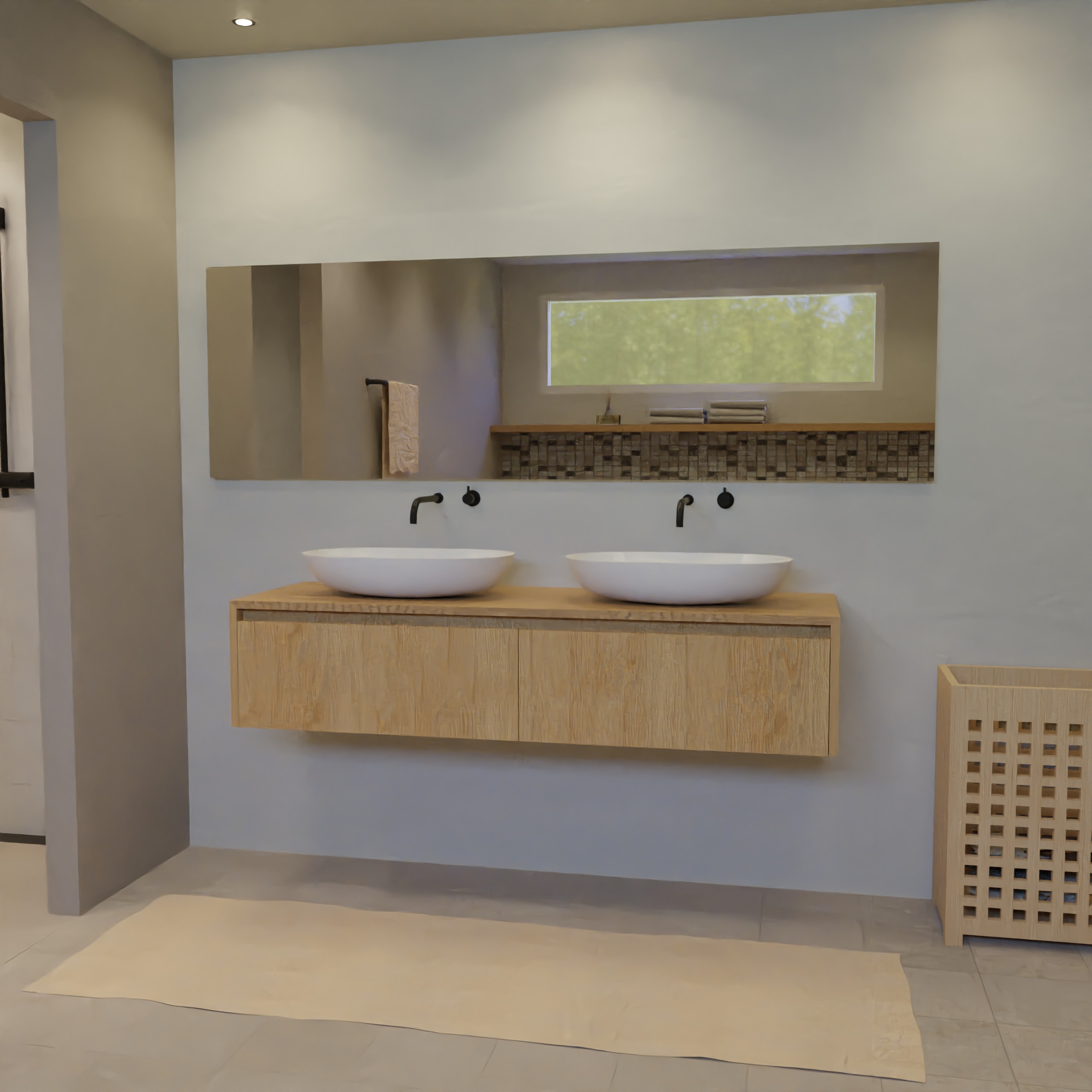 Maatwerk design badkamermeubel, gemaakt van eiken hout fineer of eiken hout massief met een blad van eiken en 2 waskommen van Solid Surface. Het front te openen d.m.v. Greeplijst boven