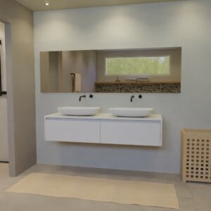 Maatwerk design badmeubel, gemaakt van Wit melamine of gespoten mdf met een blad van solid surface en 2 waskommen van Solid Surface. Het front te openen d.m.v. Greeplijst boven