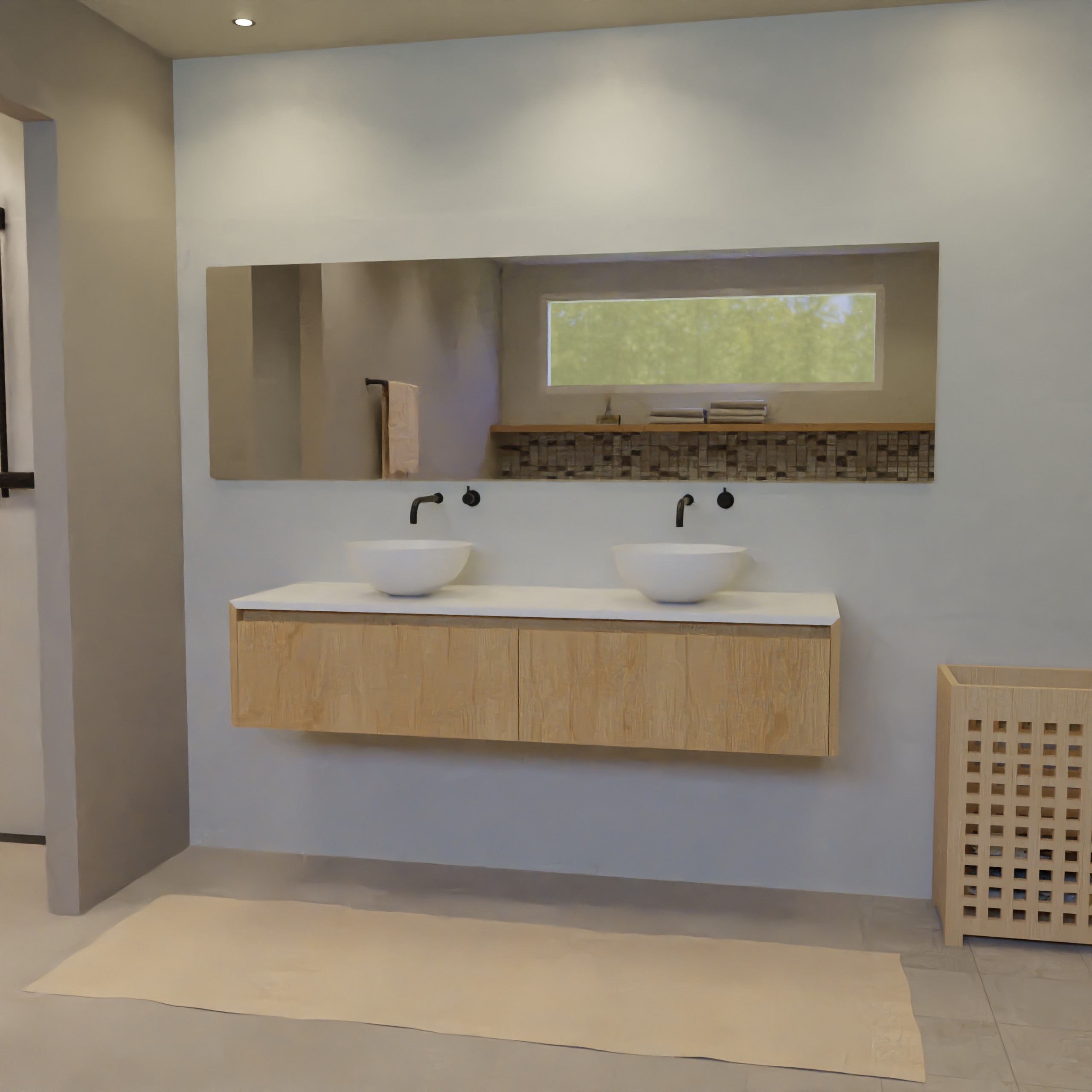 Maatwerk design badmeubel, gemaakt van eiken hout fineer of eiken hout massief met een blad van solid surface en 2 waskommen van Solid Surface. Het front te openen d.m.v. Greeplijst boven