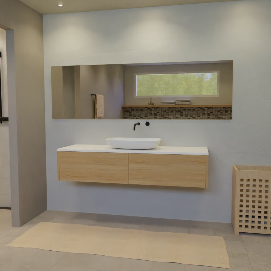 Maatwerk design badkamermeubel, gemaakt van eiken hout fineer of eiken hout massief met een blad van solid surface en 1 waskom van Solid Surface. Het front te openen d.m.v. Push to Open