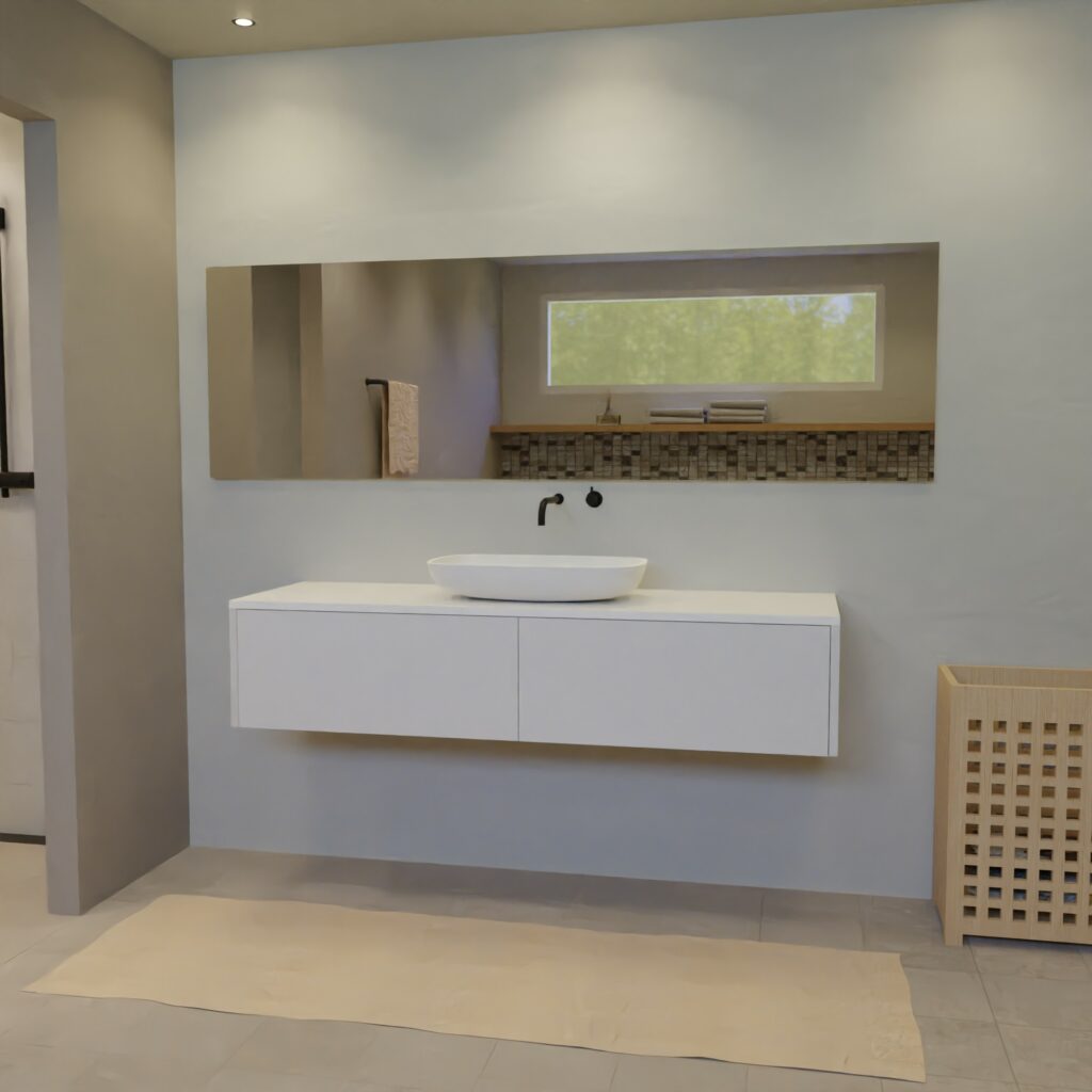 Maatwerk design wastafelkast, gemaakt van Wit melamine of gespoten mdf met een blad van solid surface en 1 waskom van Solid Surface. Het front te openen d.m.v. Push to Open