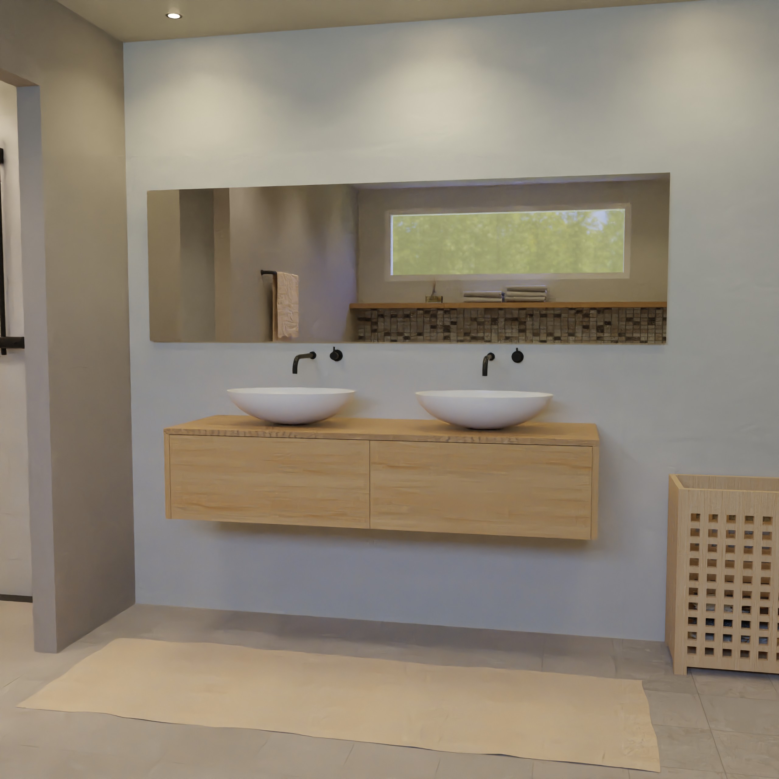 Maatwerk design wastafelmeubel, gemaakt van eiken hout fineer of eiken hout massief met een blad van eiken en 2 waskommen van Solid Surface. Het front te openen d.m.v. Push to Open