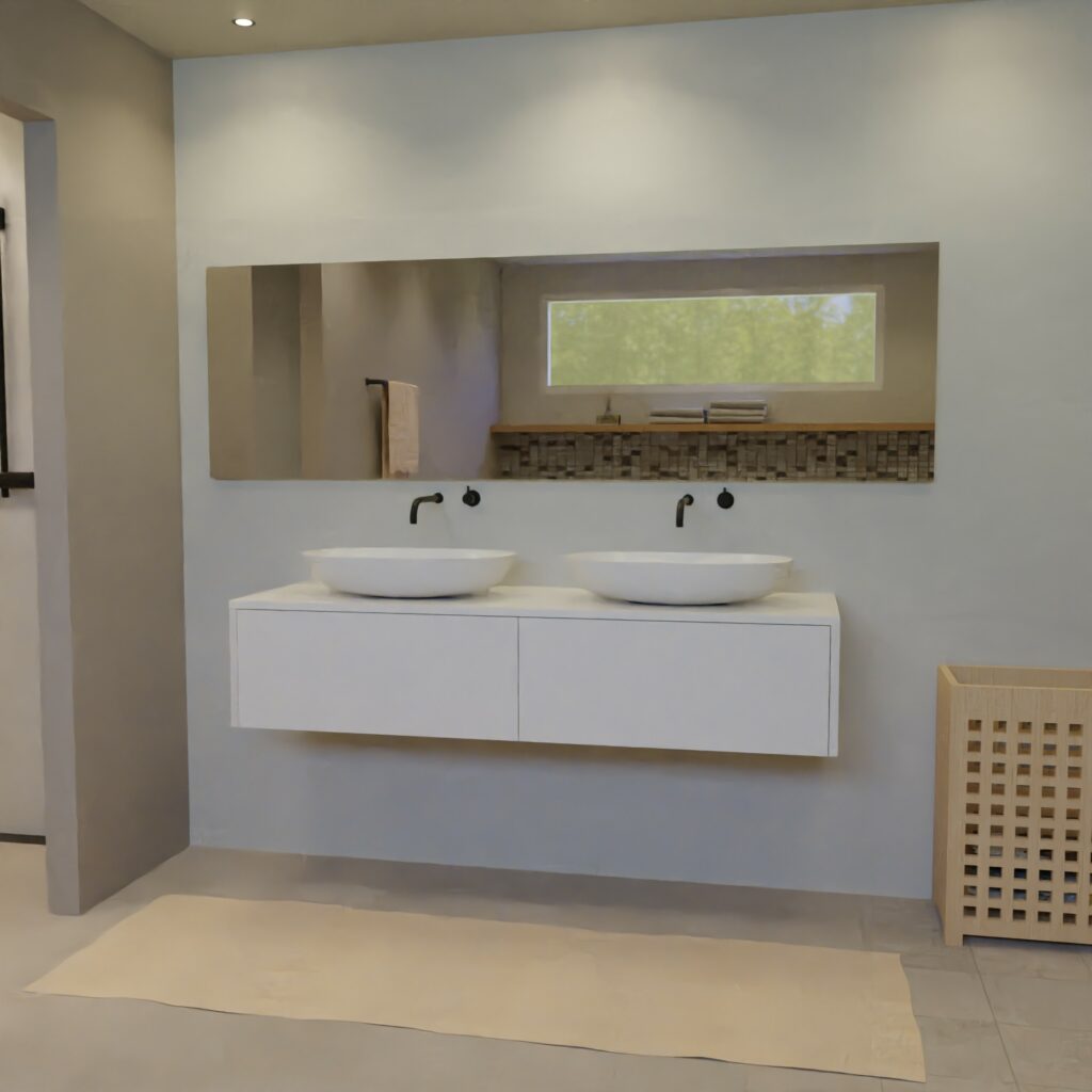 Maatwerk design badmeubel, gemaakt van Wit melamine of gespoten mdf met een blad van solid surface en 2 waskommen van Solid Surface. Het front te openen d.m.v. Push to Open