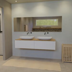 Maatwerk design badkamermeubel, gemaakt van Wit melamine of gespoten mdf met een blad van eiken en 2 waskommen van Solid Surface. Het front te openen d.m.v. Push to Open