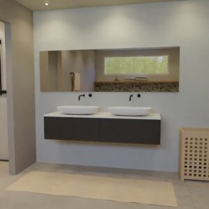 Maatwerk design wastafelkast, gemaakt van Zwart melamine of gespoten mdf met een blad van solid surface en 2 waskommen van Solid Surface. Het front te openen d.m.v. Push to Open
