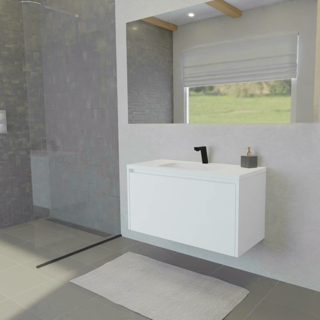 Maatwerk design wastafelmeubel, gemaakt van Wit melamine of gespoten mdf met een blad van solid surface en 1 waskom van Solid Surface. Het front te openen d.m.v. Greeplijst boven