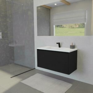 Maatwerk design wastafelkast, gemaakt van Zwart melamine of gespoten mdf met een blad van solid surface en 1 waskom van Solid Surface. Het front te openen d.m.v. Greeplijst boven