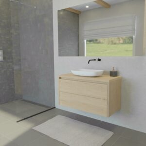 Maatwerk design wastafelmeubel, gemaakt van eiken hout fineer of eiken hout massief met een blad van eiken en 1 waskom van Solid Surface. Het front te openen d.m.v. Greeplijst boven