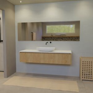 Maatwerk design badmeubel, gemaakt van eiken hout fineer of eiken hout massief met een blad van solid surface en 1 waskom van Solid Surface. Het front te openen d.m.v. Greeplijst boven